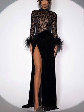 Abyss By Abby Black Sheer Embellished Feather-Cuff Evening Gown